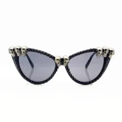 SWOKENCE Skull Frame Cat Eye Sunglasses Men Women Cool Black Rhinestone Sun Shades Halloween Party B