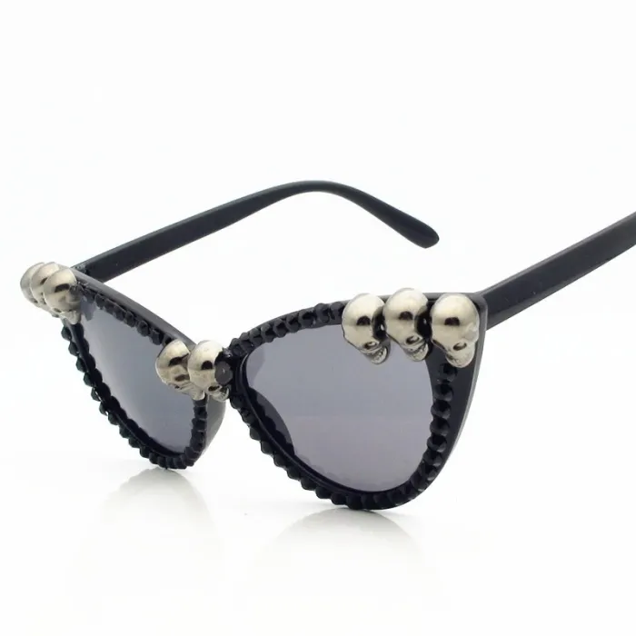 SWOKENCE Skull Frame Cat Eye Sunglasses Men Women Cool Black Rhinestone Sun Shades Halloween Party B