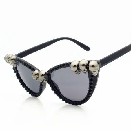 SWOKENCE Skull Frame Cat Eye Sunglasses Men Women Cool Black Rhinestone Sun Shades Halloween Party B