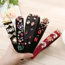 Haimeikang Women Hairband Crown Full Rhinestone Handmade Hair Bands Red Crystal Velvet Wide Hoop Hea