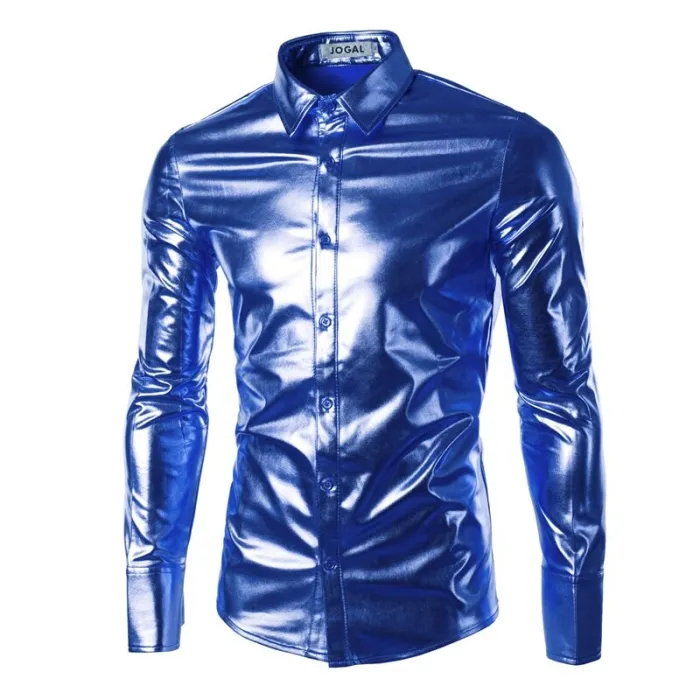 lila beschichtete metallische Nacht Club tragen Hemd - Männer lange Ärmel Knopf unten Herren Kleid Hemd glänzende elastische Che