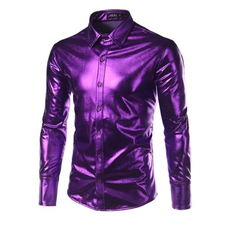 lila beschichtete metallische Nacht Club tragen Hemd - Männer lange Ärmel Knopf unten Herren Kleid Hemd glänzende elastische Che