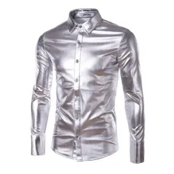 lila beschichtete metallische Nacht Club tragen Hemd - Männer lange Ärmel Knopf unten Herren Kleid Hemd glänzende elastische Che