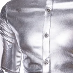 lila beschichtete metallische Nacht Club tragen Hemd - Männer lange Ärmel Knopf unten Herren Kleid Hemd glänzende elastische Che