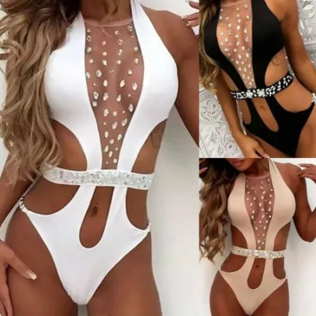 Sexy einteiliger Badeanzug - mit Frontmaschen & Kristalle - monokini