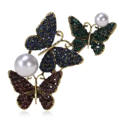 Triple Schmetterlinge & Perle - Luxus Kristall Brosche