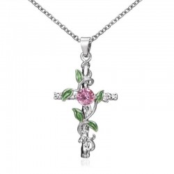 Anhänger mit Kreuz & Blätter & Rose - Edelstahl Halskette