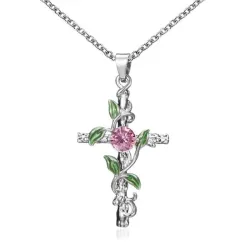 Anhänger mit Kreuz & Blätter & Rose - Edelstahl Halskette