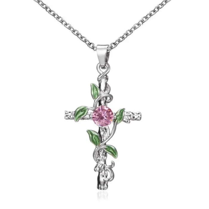 Pendant with cross & leaves & rose - stainless steel necklaceNecklaces