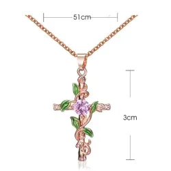 Anhänger mit Kreuz & Blätter & Rose - Edelstahl Halskette