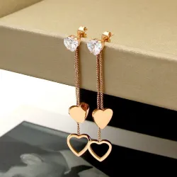 Crystal & hearts - double tassels - rose pink gold long earringsEarrings