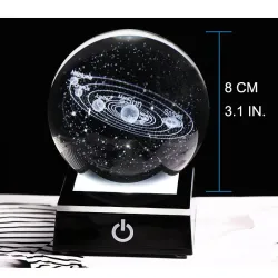 3D Kugel mit 8 Planeten - Kristallkugel mit Basis - Lasergraviert - LED Nachtlicht - 8cm