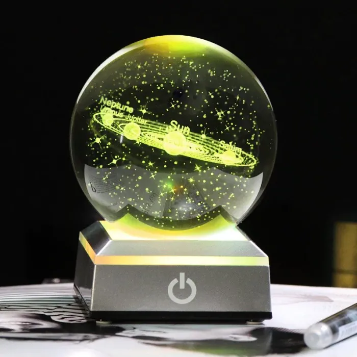 3D globe with 8 planets - crystal ball with base - laser engraved - LED night light - 8cmDecoration