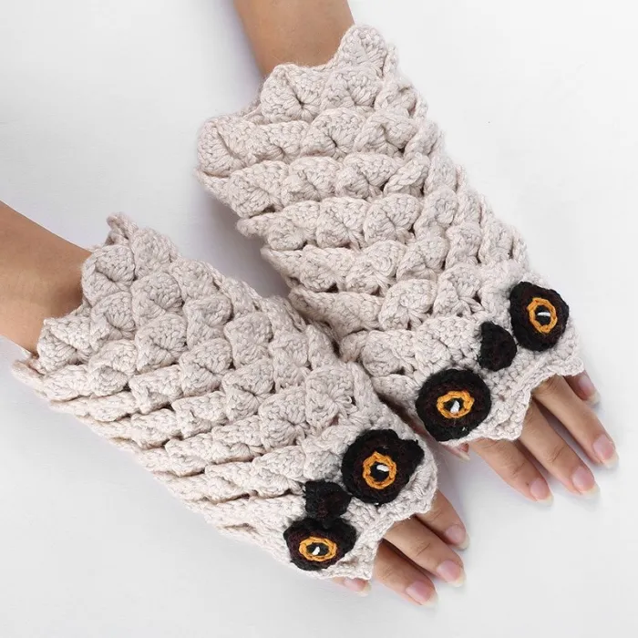 Warme Strickhandschuhe - fingerlos - Eulendesign