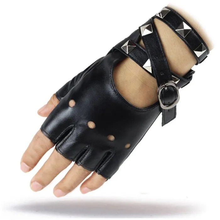 Halbfinger Lederhandschuhe - mit Nieten & Schnalle - Rock / Punk Stil