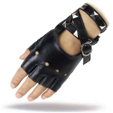 Halbfinger Lederhandschuhe - mit Nieten & Schnalle - Rock / Punk Stil