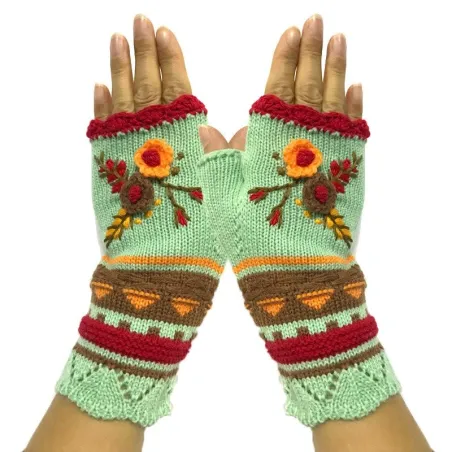Knitted winter gloves - half-finger design - with a flowery embroideryGloves