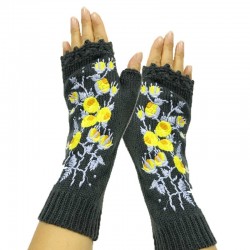 Handgefertigte Strickhandschuhe - lang - halber Finger - Stickerei Blumen