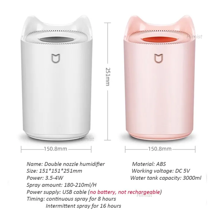 Luftbefeuchter - 3000ML - Doppeldüse - Cool Mist - Bunte LED