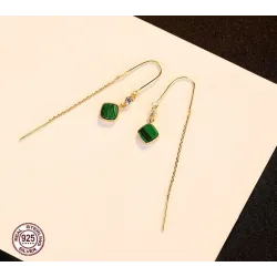 Vergoldete lange Ohrringe - quadratische Smaragd - 925 Sterling Silber