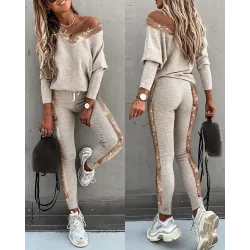 Modischer Tracksuit mit Pailletten - Set mit langem Ärmel Top & Hose