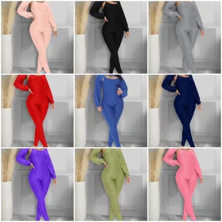 Elegant textured ribbed jumpsuit - long sleeve top - cut-out back - setJumpsuits