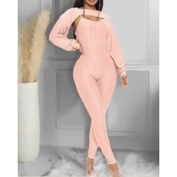 Elegant textured ribbed jumpsuit - long sleeve top - cut-out back - setJumpsuits
