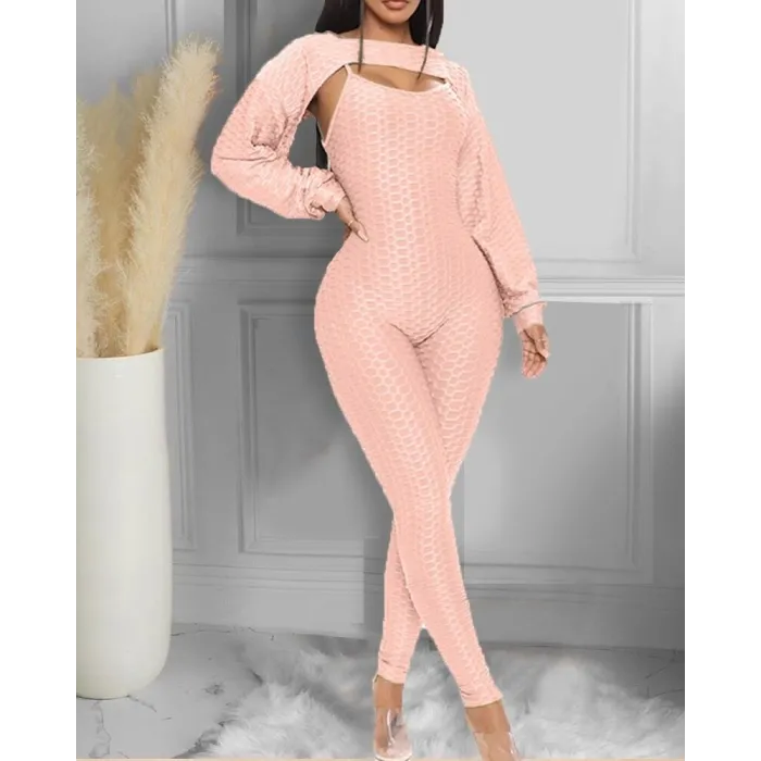 Elegant textured ribbed jumpsuit - long sleeve top - cut-out back - setJumpsuits