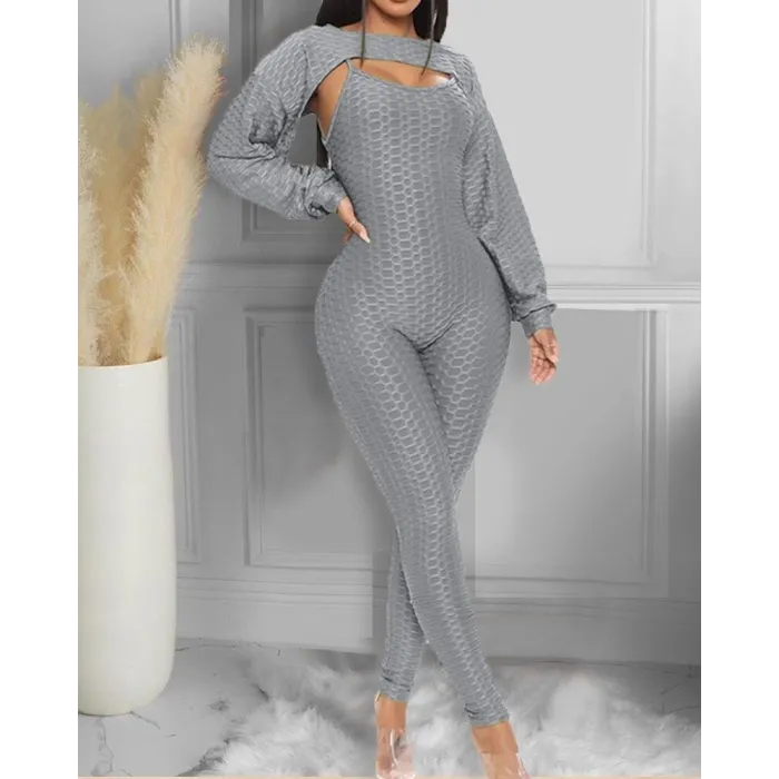 Elegant textured ribbed jumpsuit - long sleeve top - cut-out back - setJumpsuits