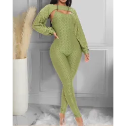 Elegant textured ribbed jumpsuit - long sleeve top - cut-out back - setJumpsuits