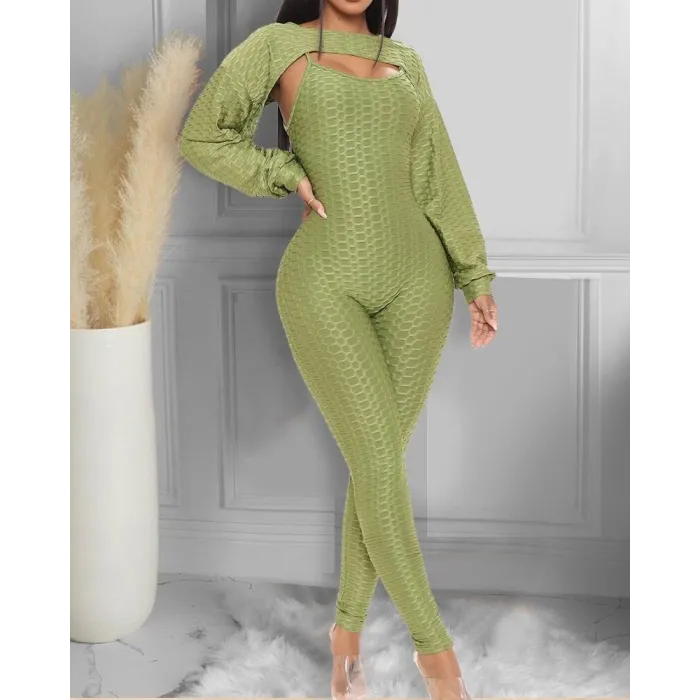 Elegant textured ribbed jumpsuit - long sleeve top - cut-out back - setJumpsuits