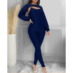 Elegant textured ribbed jumpsuit - long sleeve top - cut-out back - setJumpsuits