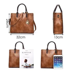 Modische Lederhandtasche - Umhängetasche - kleine Clutch - Hanf-Logo - 3-teiliges Set