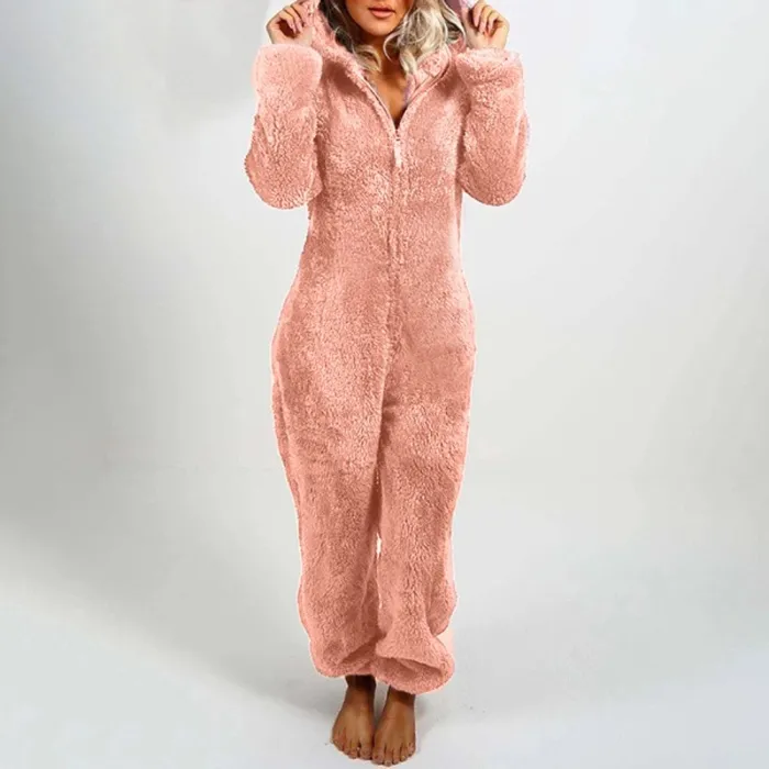 Plüschspielanzug mit Hoodie und Reißverschluss - Winterpyjama