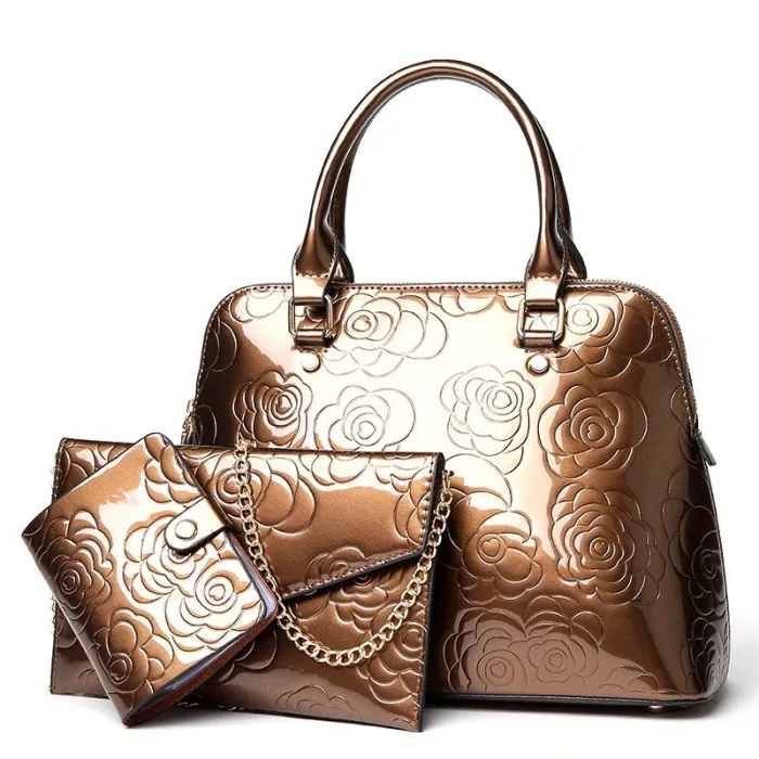 Lederhandtasche - Umhängetasche - kleine Geldbörse - Blumendruck - 3-teiliges Set