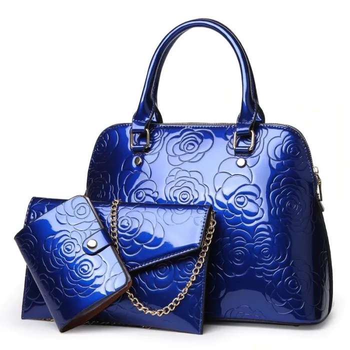 Lederhandtasche - Umhängetasche - kleine Geldbörse - Blumendruck - 3-teiliges Set