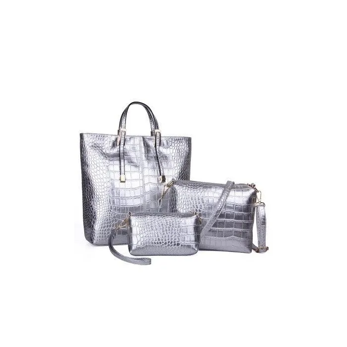 Leather bag - crossbody - small clutch - crocodile skin design - 3 pieces setSets