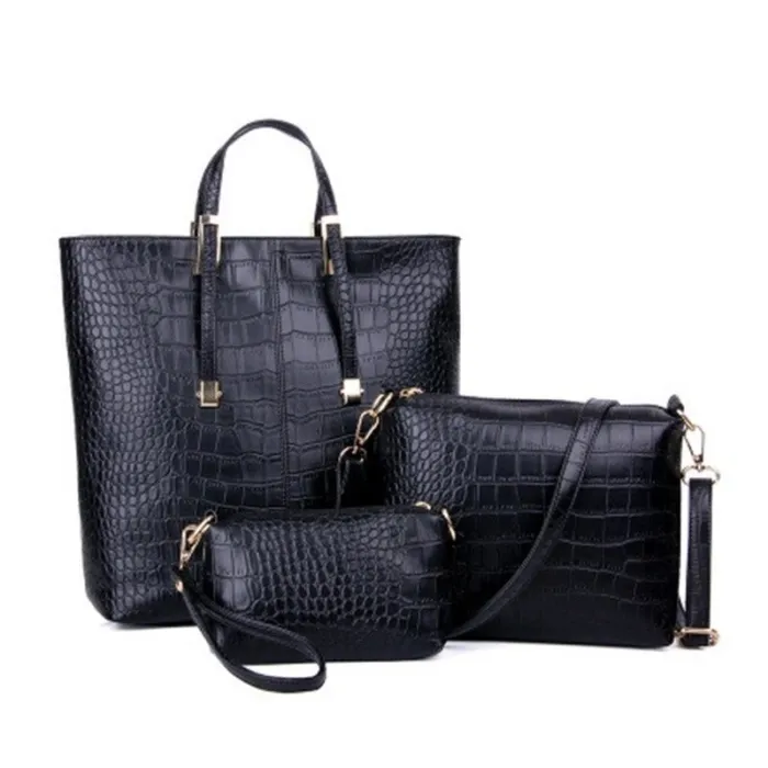 Ledertasche - Umhängetasche - kleine Clutch - Krokodilleder-Design - 3-teiliges Set