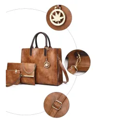 Modische Lederhandtasche - Umhängetasche - kleine Clutch - Hanf-Logo - 3-teiliges Set