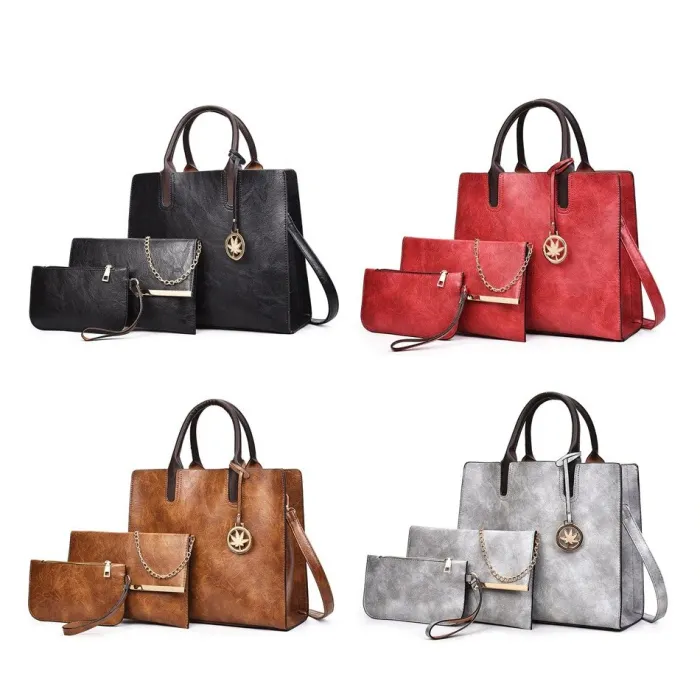 Modische Lederhandtasche - Umhängetasche - kleine Clutch - Hanf-Logo - 3-teiliges Set