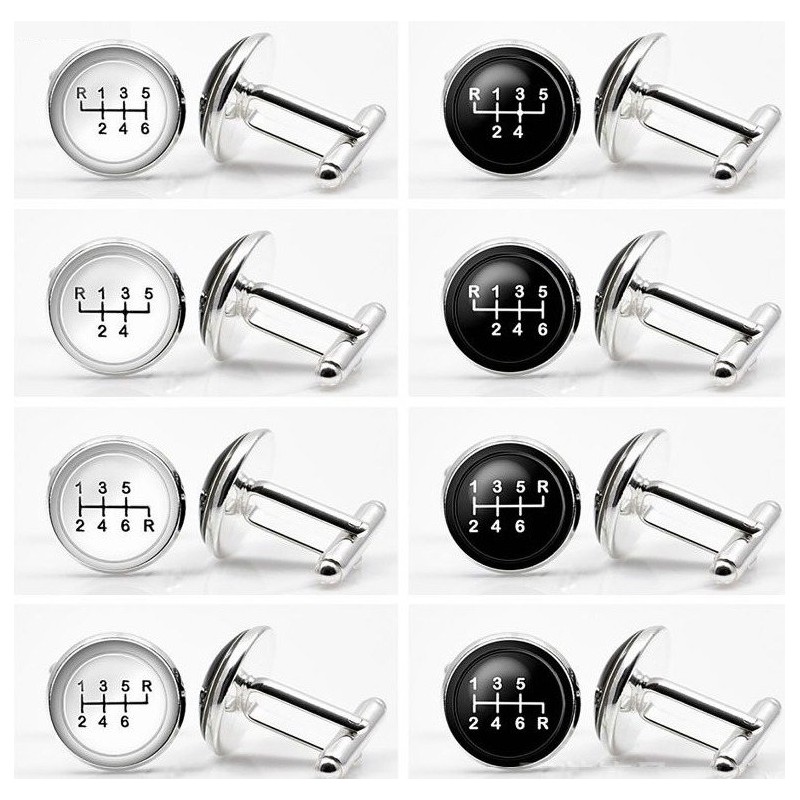 Glass gearbox - white - black round cufflinks - 2 pieces