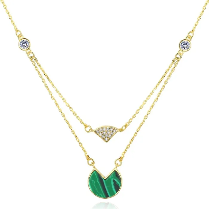 Goldkette mit Malachit & Zirkon - Doppelkette - 925er Sterlingsilber