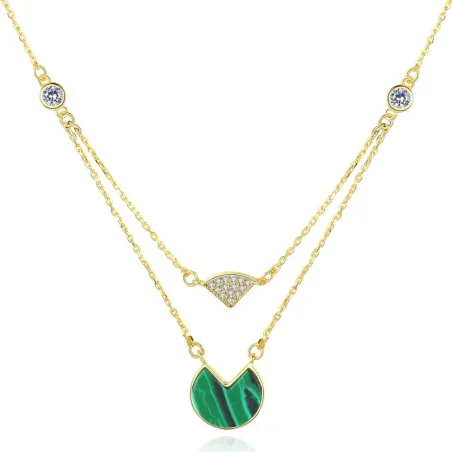 Goldkette mit Malachit & Zirkon - Doppelkette - 925er Sterlingsilber