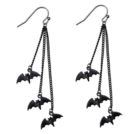 Schwarze Fledermäuse - Dreifachkette - lange Ohrringe