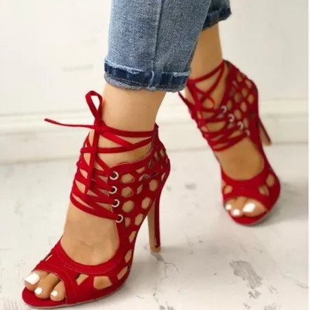 Sexy high heel sandals - lace-up - ankle length - cut-out holesHigh heels