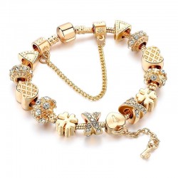 Trendy Gold Armband mit Charms - Herzen - Perlen - Klee - Schlüssel