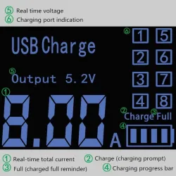 8-Port-USB-Schnellladegerät - Netzteil - Smart IC - mit Display und automatischer Erkennung