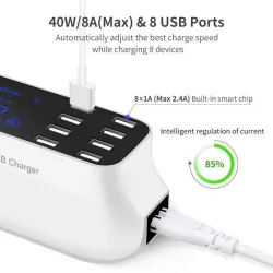 8-Port-USB-Schnellladegerät - Netzteil - Smart IC - mit Display und automatischer Erkennung