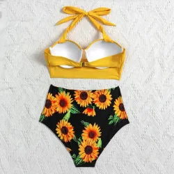 Sexy Bikini-Set - mit Push-up - hohe Taille - Sonnenblumen