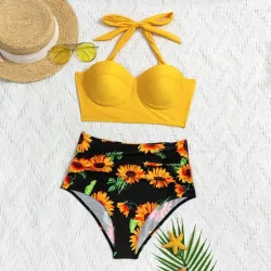 Sexy Bikini-Set - mit Push-up - hohe Taille - Sonnenblumen